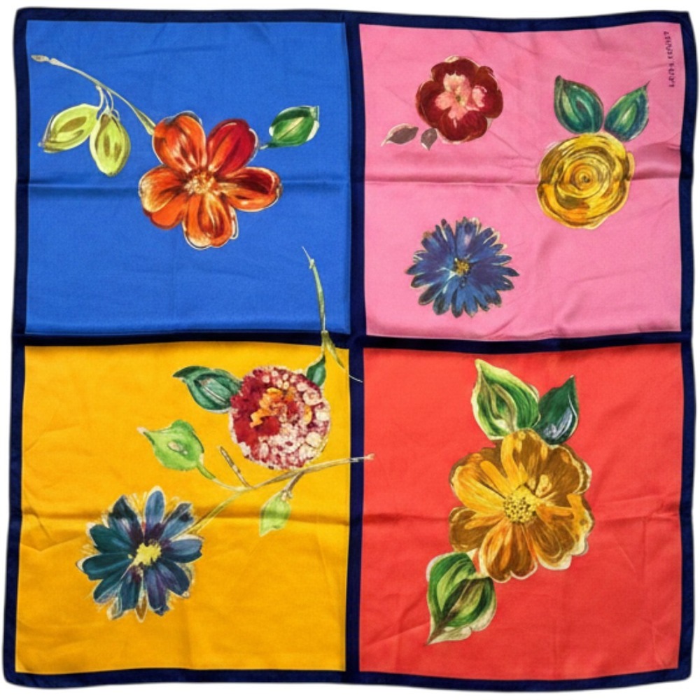 Laura Ashley Floral Silk Scarf Color Block Square Blue Pink Yellow Red 24.5"